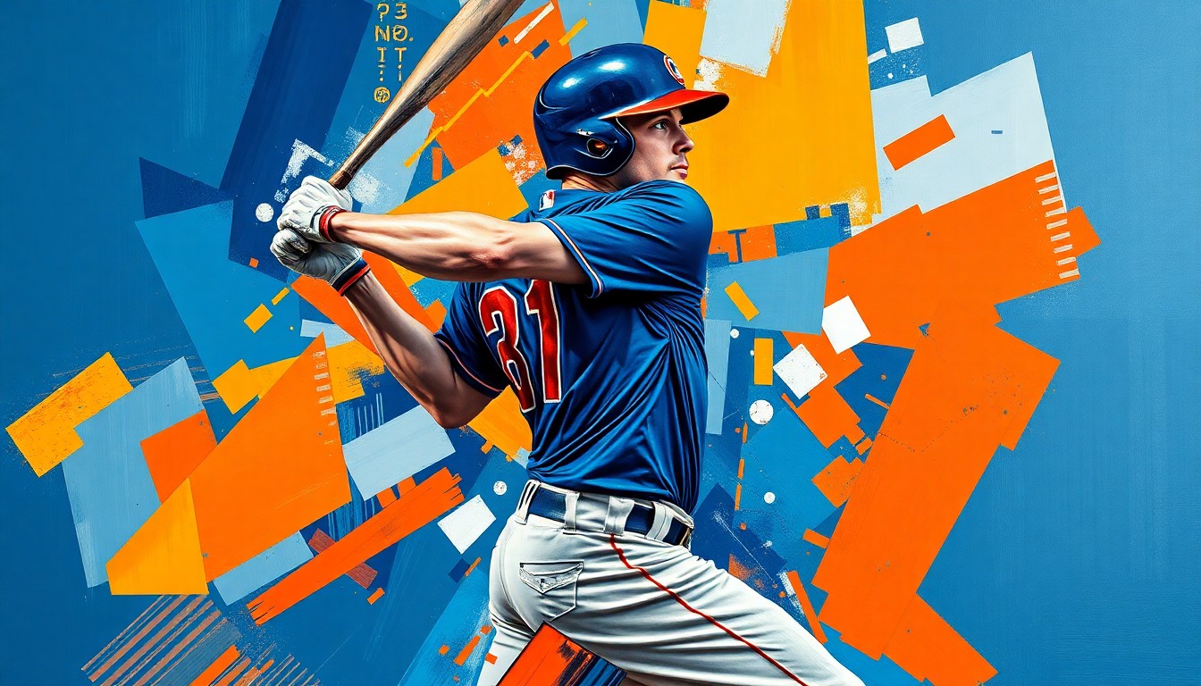 A fractured, cubist-style painting depicting the geometric shapes and planes of a baseball player's swing and movements, rendered in vibrant colors like deep blue, bright orange, and metallic silver, conceptually representing the Dodgers' struggle to overcome Mookie Betts' absence.