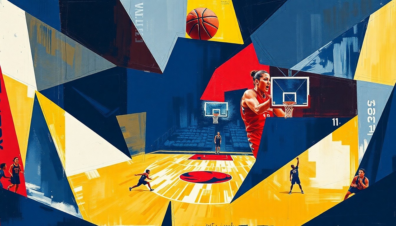 A cubist, geometric painting depicting the action and energy of a women's basketball game, with sharp, overlapping shapes in navy, red, and gold.