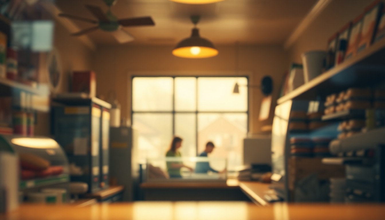 A hazy, atmospheric photograph in soft, muted tones depicting the interior of a neighborhood sandwich shop, with blurred shelves, countertops, and indistinct human figures, conveying a sense of nostalgia and the loss of a cherished community gathering place.