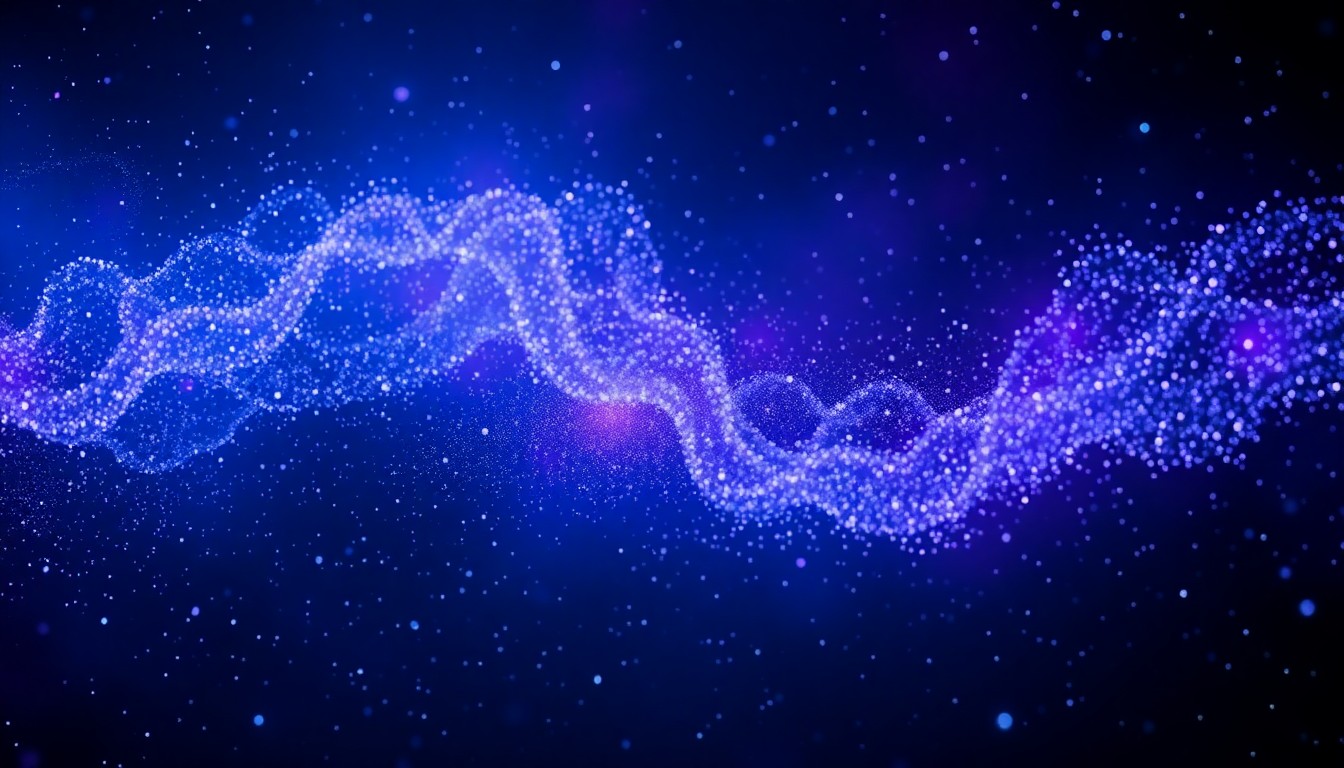 An abstract, high-contrast close-up photograph featuring a swirling, glittering mass of iridescent cosmic dust particles against a deep indigo and violet backdrop, conceptually representing the grand, celestial scale and visual splendor of the Super Mario Galaxy movie.