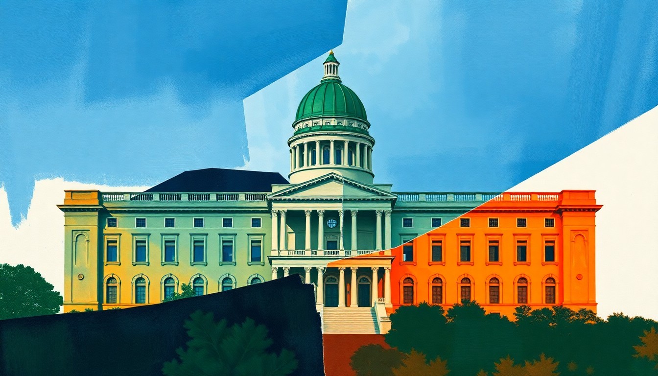 An abstract, fragmented painting in bold, clashing colors depicting the Kentucky state capitol building, conveying the sense of political turmoil and power struggle between branches of government.