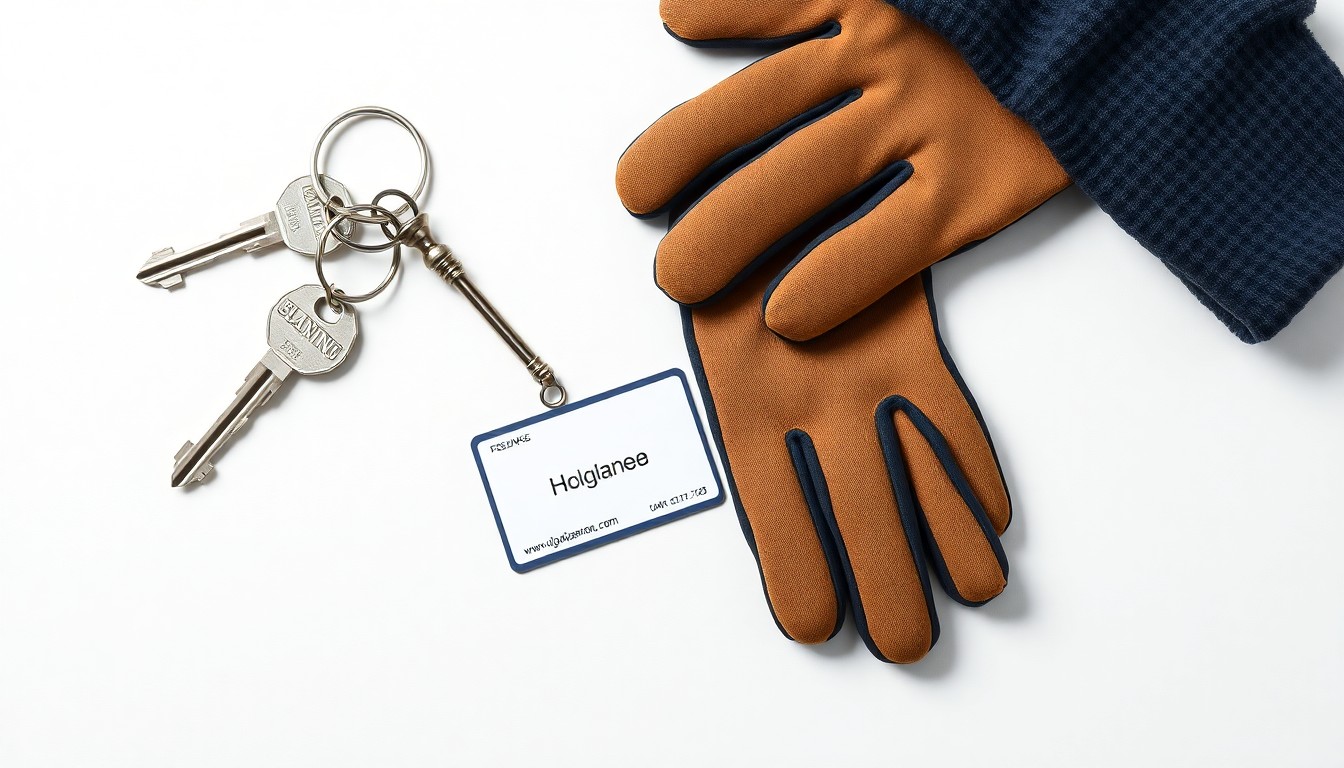 A high-end, photorealistic studio still-life photograph featuring a set of polished, geometric keys, a name badge, and a pair of work gloves arranged elegantly on a clean, monochromatic seamless background, conceptually representing the essential tools and identity of apartment building workers.