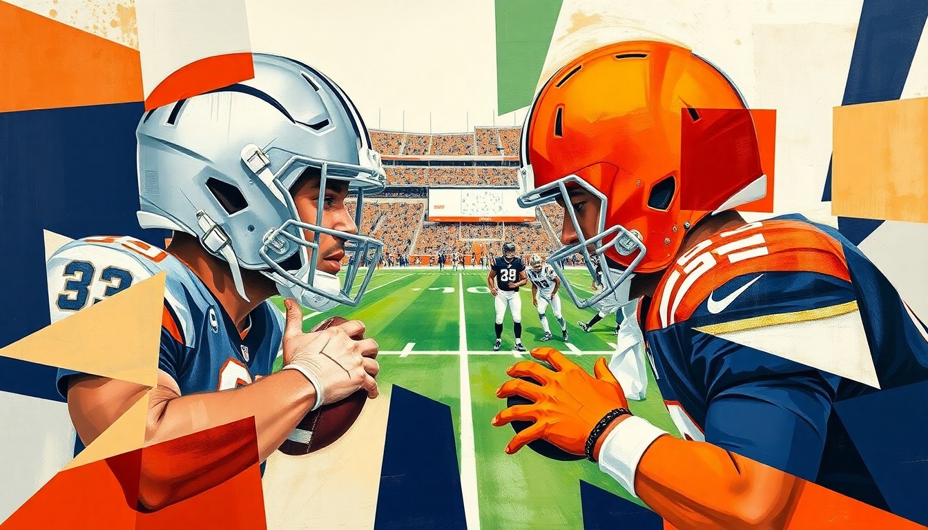 A cubist, geometric painting depicting a football practice or game scene, with the figures of a wide receiver and quarterback breaking down into sharp, overlapping planes of color in shades of orange, blue, and white.