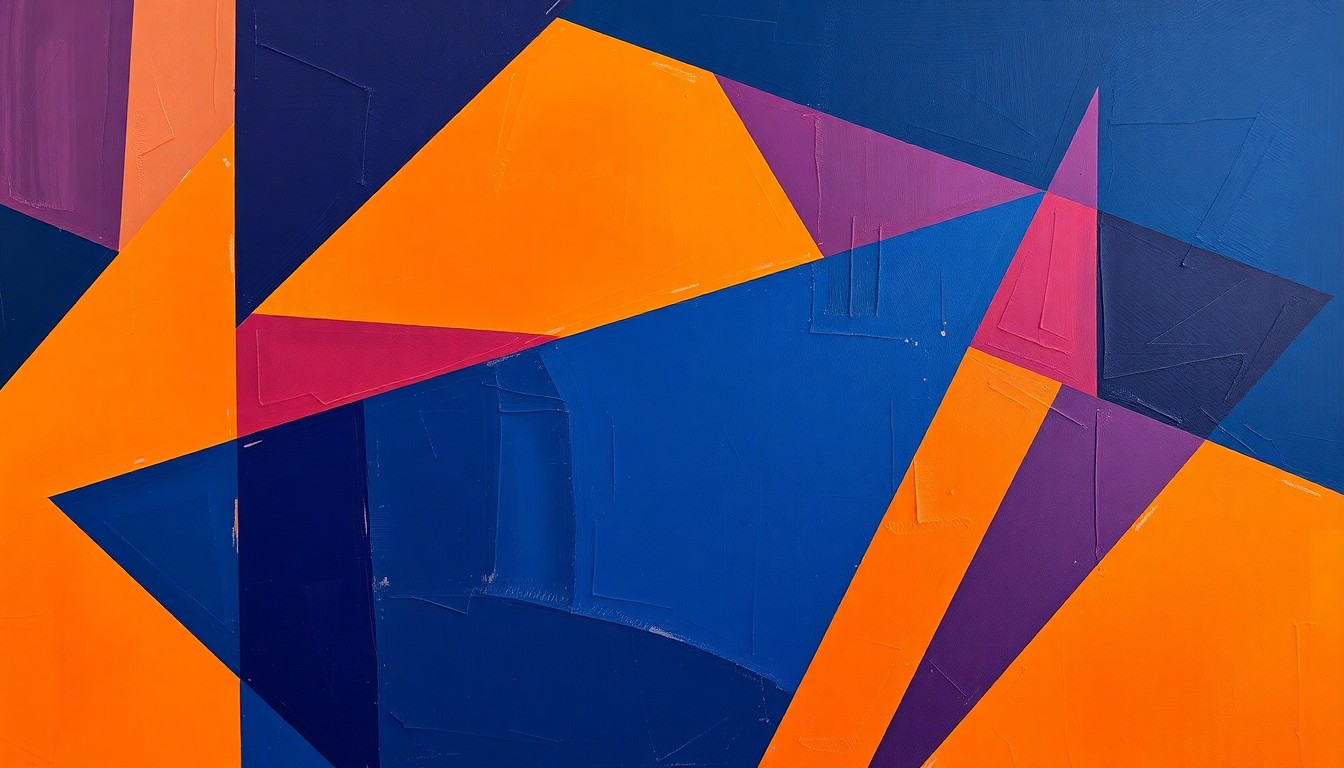 A cubist, geometric painting featuring overlapping planes of navy blue, bright orange, and deep purple, conceptually representing the dynamic energy of a basketball game or match.