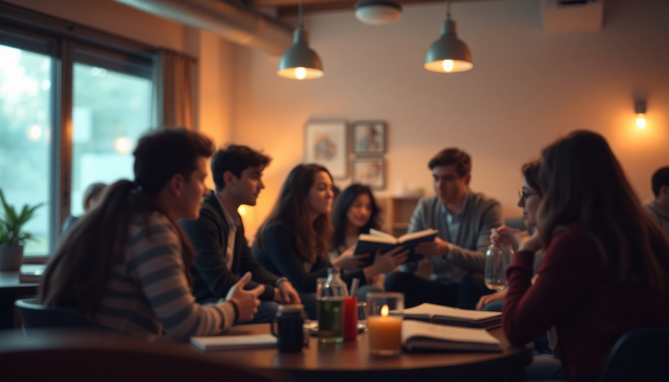 An abstract, out-of-focus scene of students gathered in a cozy, warmly lit Hillel space, conveying a sense of community, contemplation, and spiritual connection.