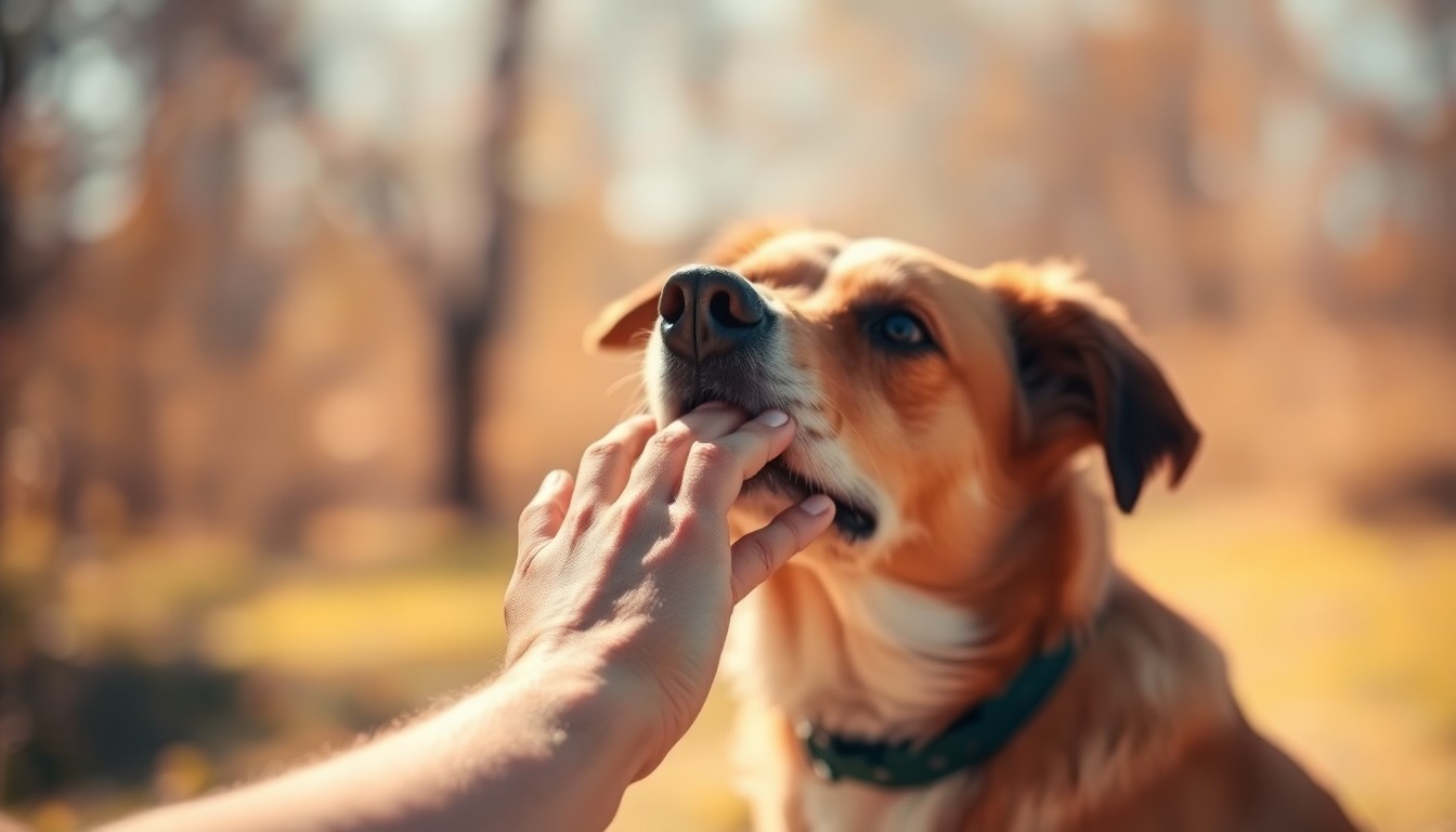 A blurred, impressionistic photograph of a person's hands gently petting a dog's head, with the background a soft, warm-toned blur of color and light, conveying a sense of comfort and connection between human and animal.