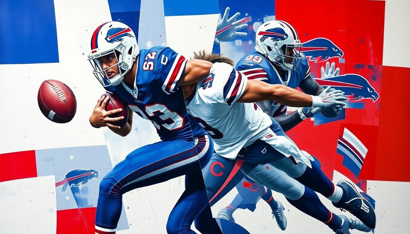 A cubist, geometric painting depicting a Bills defensive player in motion, with sharp planes of navy blue, red, and white overlapping to capture the player's movements in coverage and pass rush.