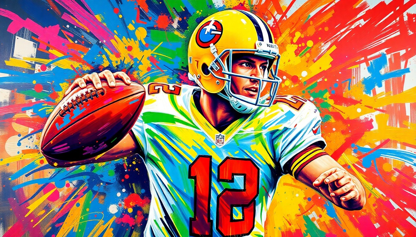 A dynamic, abstract painting in vibrant neon colors depicting the explosive movement and energy of a football quarterback, with the player's features dissolving into unrecognizable brushstrokes.
