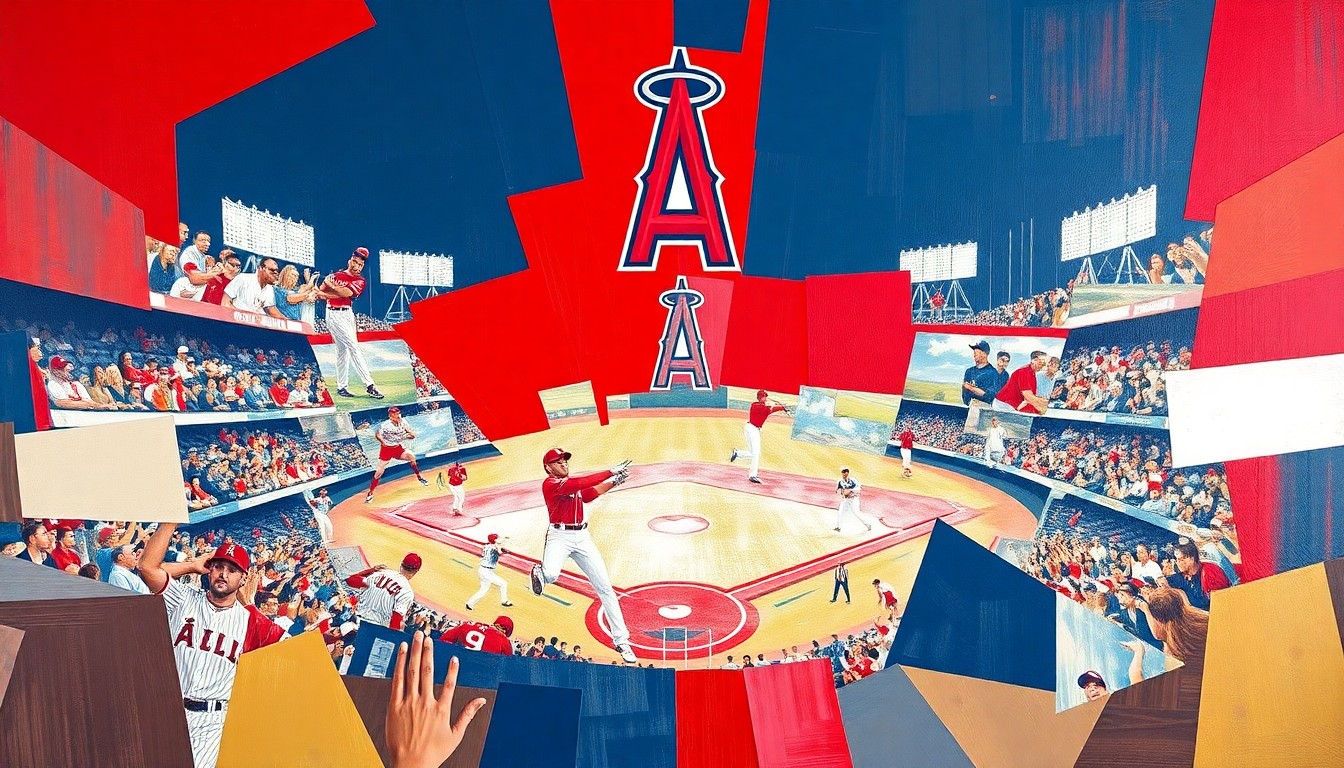 A fragmented, geometric painting in bold red, navy, and white colors depicts the action of a baseball game, with players and the field broken down into sharp, overlapping shapes that convey the dynamic movement and spirit of the sport.