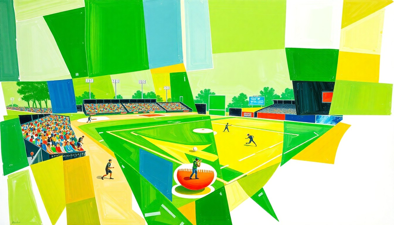 A vibrant, cubist-style painting depicting a high school softball game broken down into overlapping geometric shapes and planes of color, capturing the energy and movement of the sport.