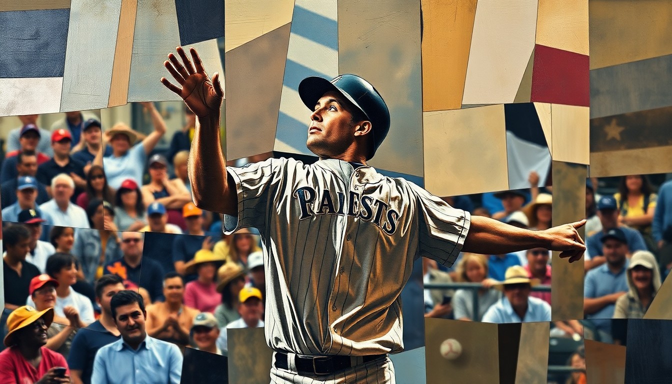 A cubist-style painting featuring fragmented, overlapping geometric shapes in shades of blue, red, and yellow, representing a baseball player gesturing towards the crowd in a confrontational manner.