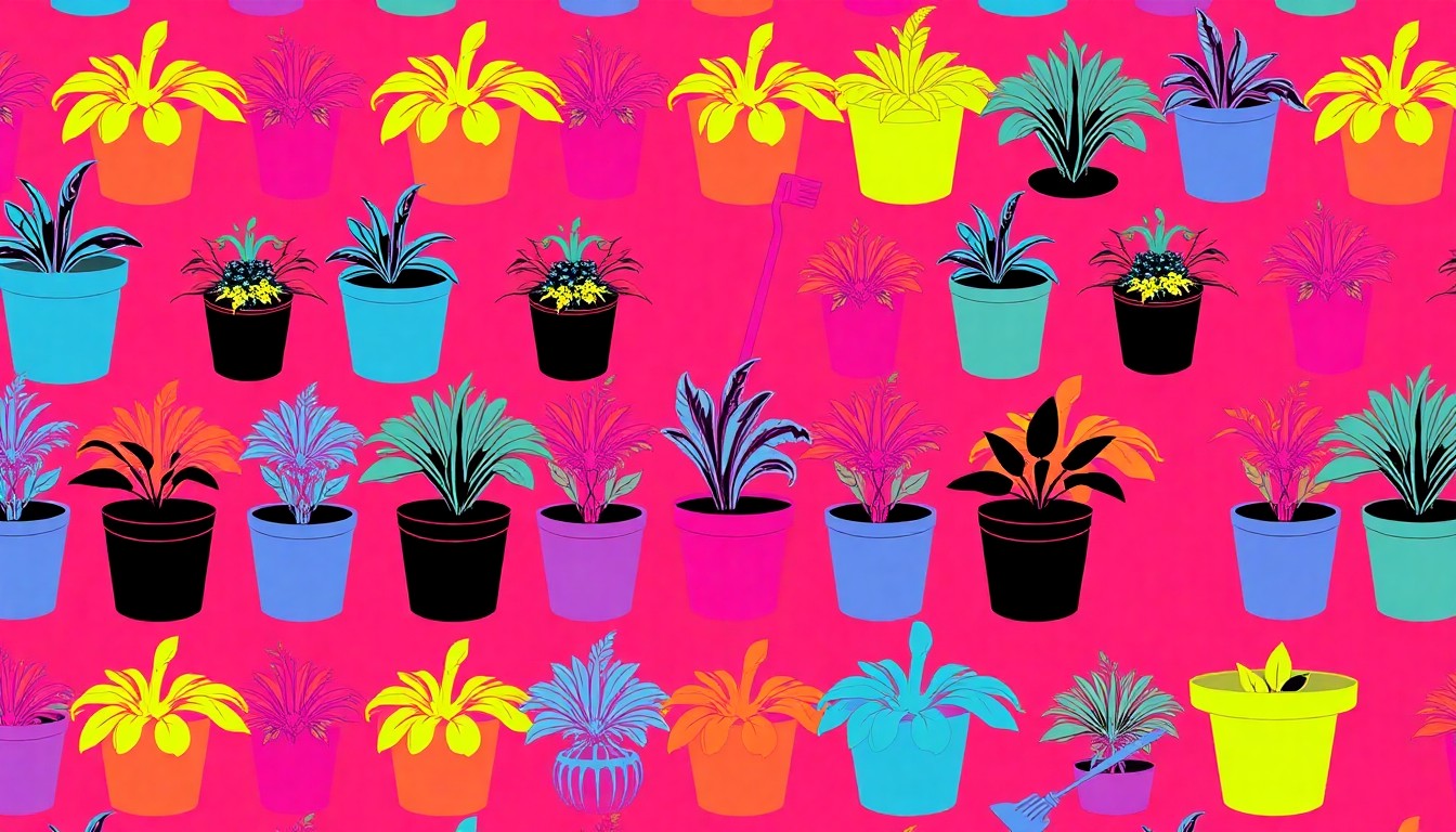 A brightly colored, high-contrast silkscreen print of a potted plant or gardening tool repeated in a tight grid pattern, using vibrant neon colors and heavy black outlines to transform the everyday object into a modern pop art piece.