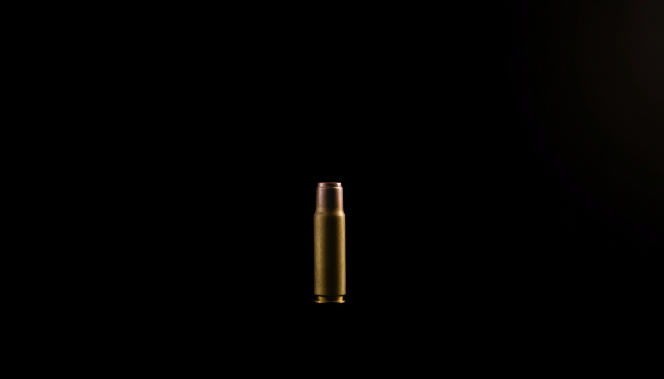 An extreme close-up photograph of a single spent bullet casing against a pitch-black background, lit by a harsh, direct camera flash, creating a stark, gritty, investigative aesthetic.