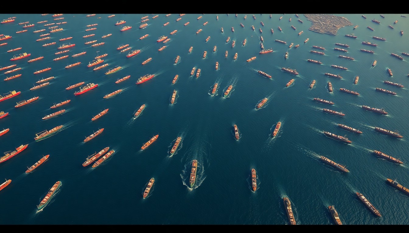 An extreme close-up aerial photograph of the Strait of Hormuz, showing the repeating patterns of oil tankers and cargo ships moving through the narrow waterway, conveying the scale and importance of this global energy chokepoint.
