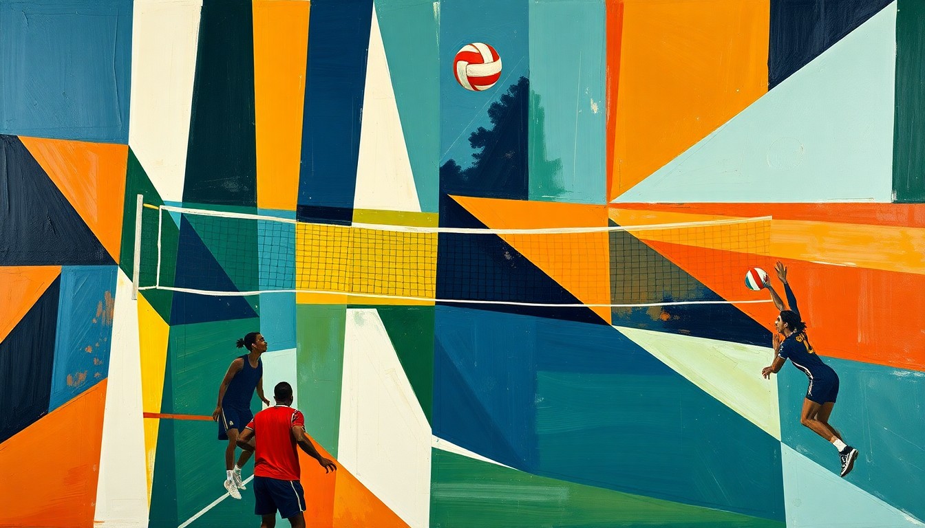 A cubist, geometric painting depicting a fragmented volleyball game, with sharp, overlapping planes of navy, green, and orange conveying the dynamic action of the sport.