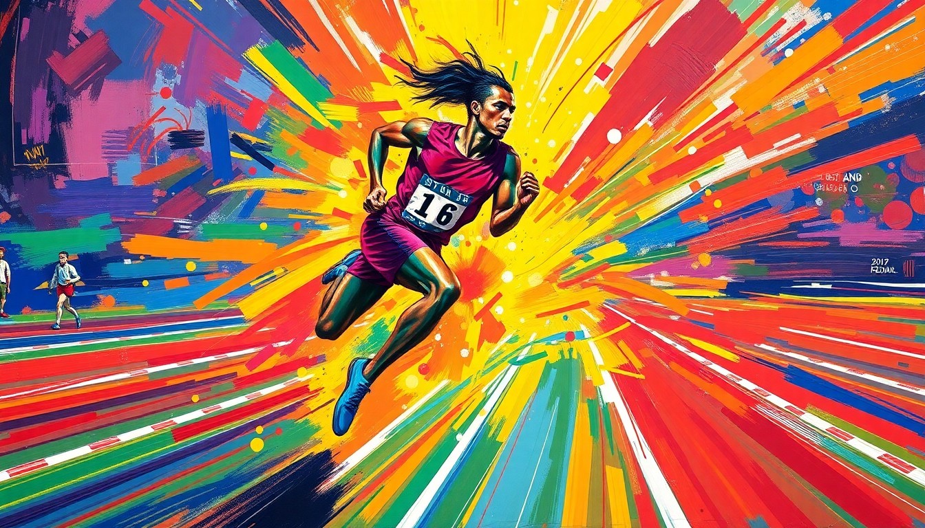 An abstract expressionist painting in vibrant neon colors, capturing the dynamic motion and raw power of a track and field athlete sprinting down the track.