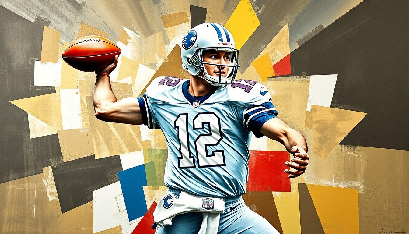 A fragmented, geometric painting depicting a football quarterback in mid-throw, with sharp planes of color and form conveying the dynamic energy and risk-taking style of play.