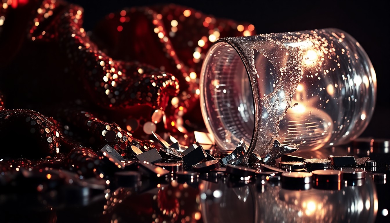 An abstract close-up photograph featuring a textured pattern of shimmering sequins and shattered glass, conveying the glitz and fragility of celebrity relationships.