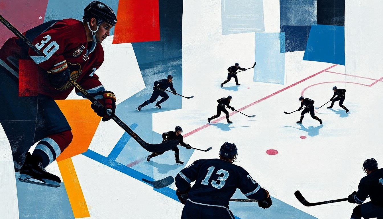 A cubist, geometric painting depicting the fragmented elements of a hockey game, including the ice, sticks, pucks, and silhouettes of players, conceptually representing the end of an era for the Red Wings' radio broadcast.