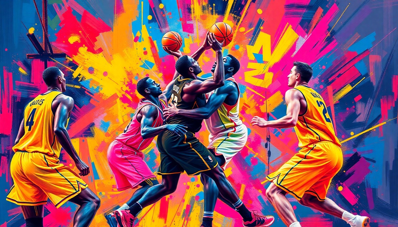 An abstract, neon-colored painting depicting the chaotic energy and physical contact of a basketball game, with players' forms dissolving into vibrant brushstrokes and splashes of color.