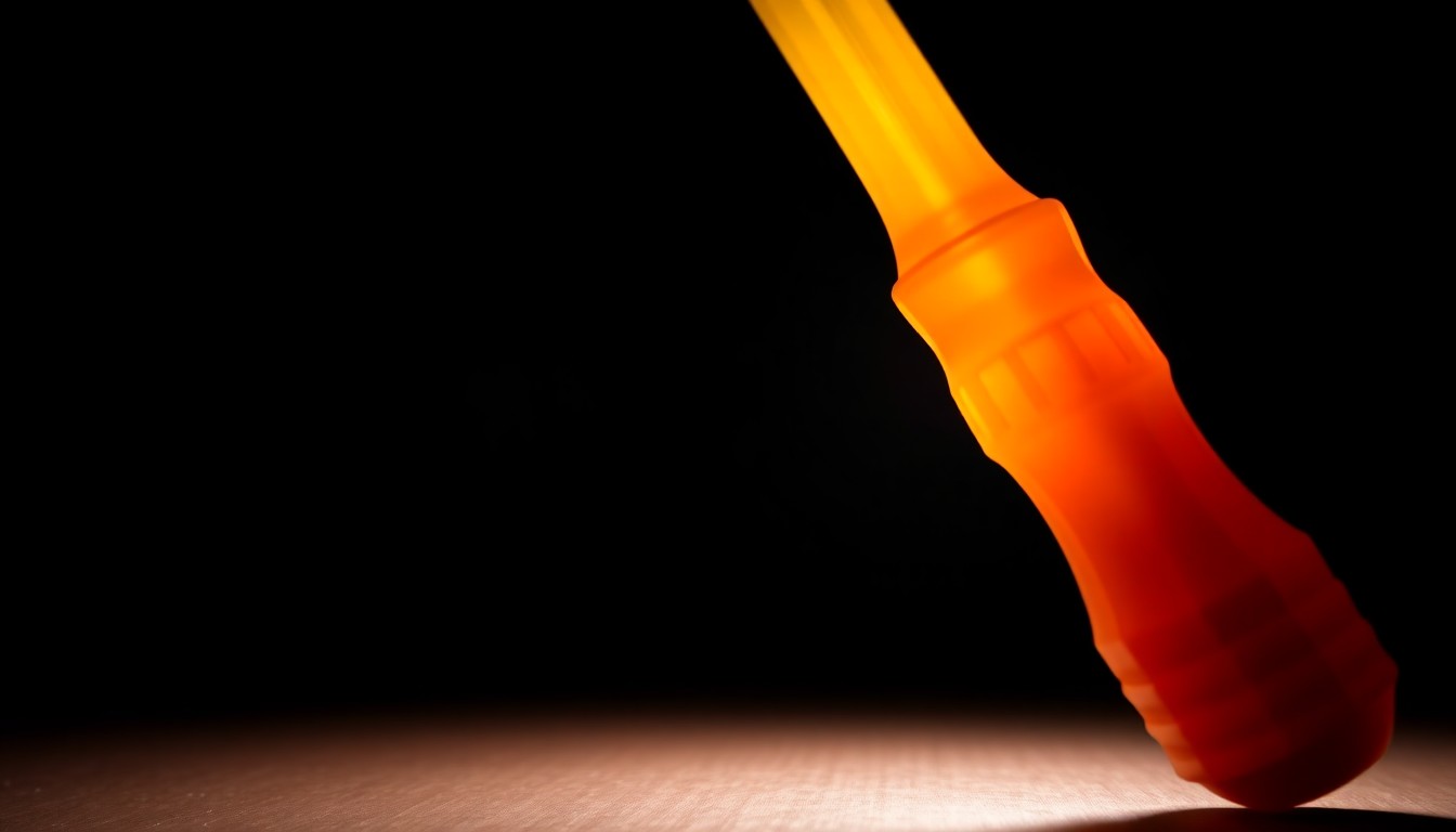 An extreme close-up of an orange-handled screwdriver, the harsh lighting and stark contrast creating a gritty, investigative aesthetic to conceptually represent the threat of a common object used as a weapon.