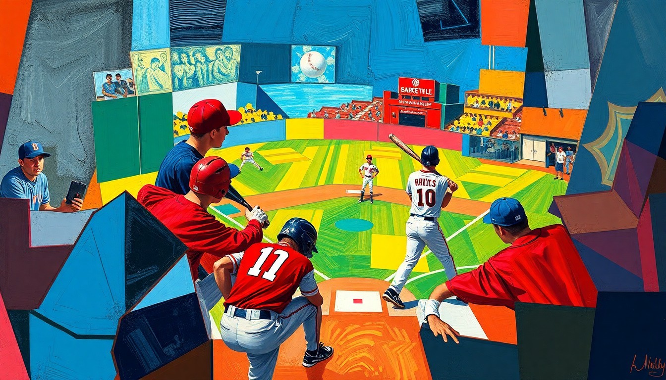 A fragmented, geometric painting in the style of Pablo Picasso, depicting the key plays and players from a high school baseball game in a vibrant, cubist style.