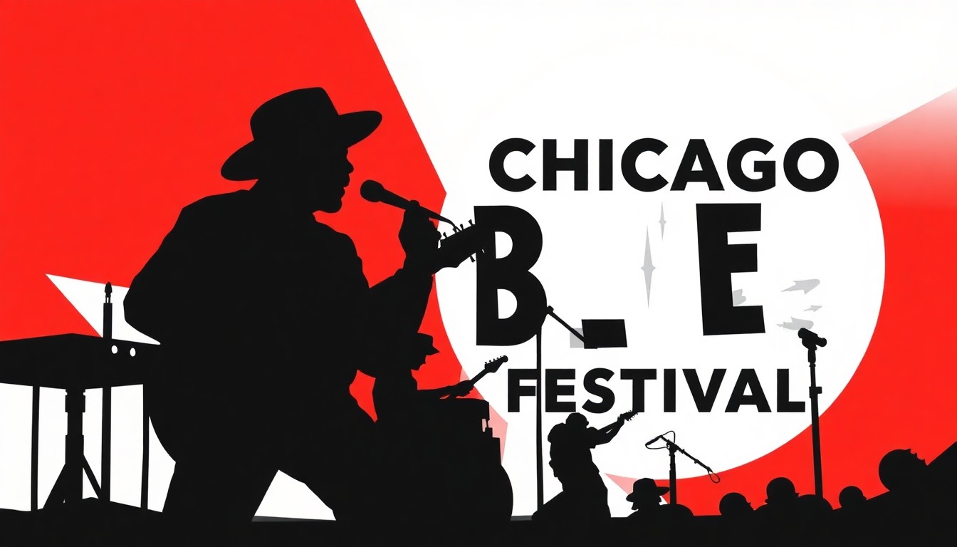 A striking abstract composition of bold, jagged shapes and silhouettes in high-contrast red and black, conceptually representing the energy and spirit of the Chicago Blues Festival.