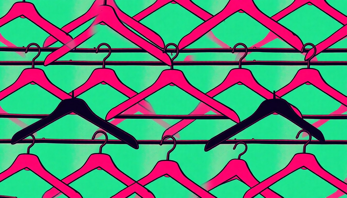 A vibrant, high-contrast silkscreen print featuring a repeated pattern of a vintage clothing hanger in neon pink, yellow, and blue tones, conceptually representing the colorful and iconic fashion items available at the new Collected Birmingham vintage store.