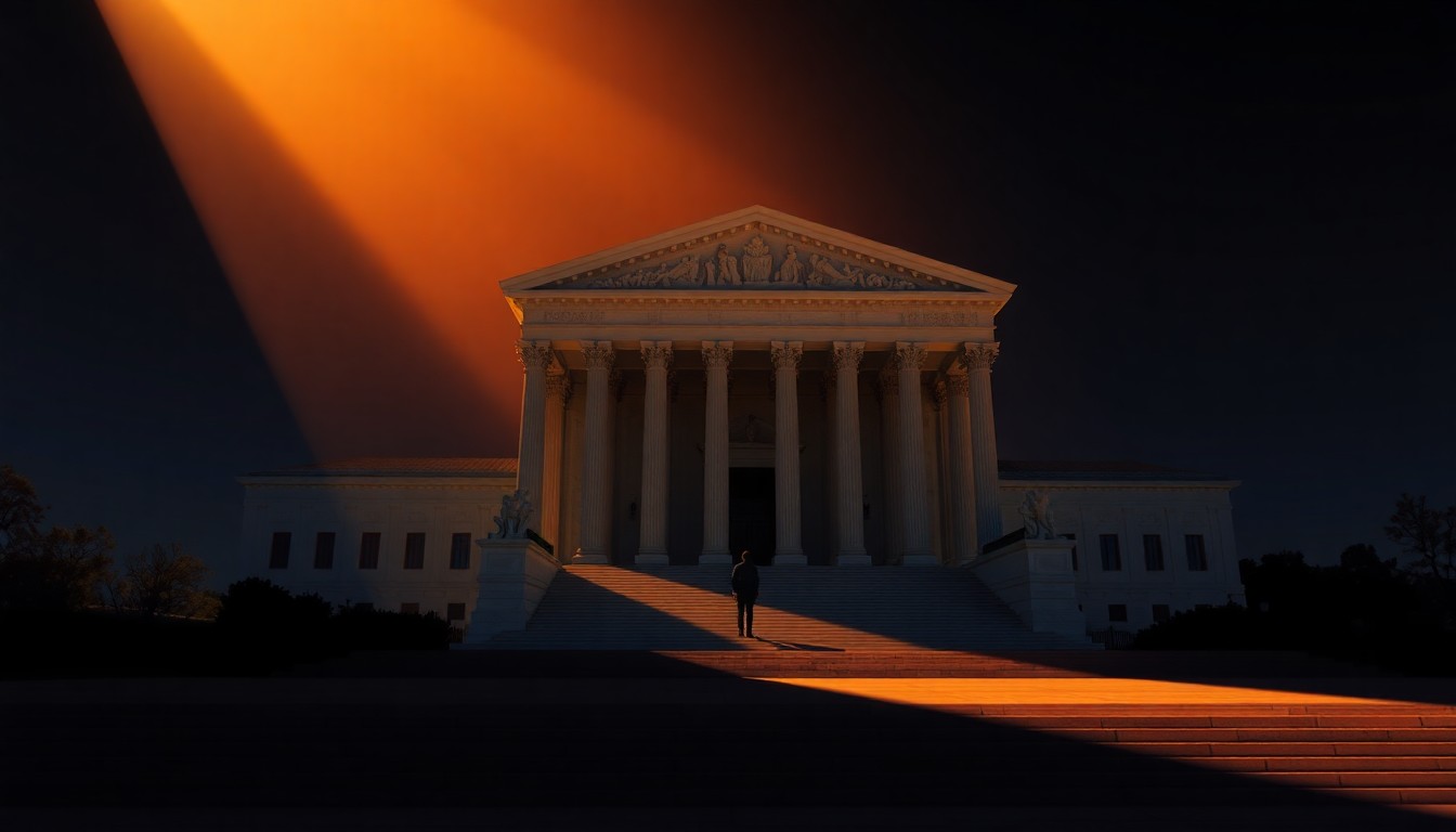 A quiet, cinematic painting of the Supreme Court building in warm, golden light, with a lone figure standing on the steps, conveying a sense of solemnity and reflection on the court's recent actions.