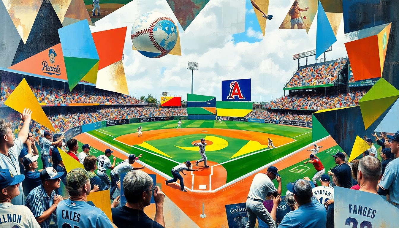 A fragmented, cubist-style painting depicting a baseball game, with the players and field broken down into sharp, overlapping geometric shapes in a vibrant color palette, conveying the energy and intensity of the sport.