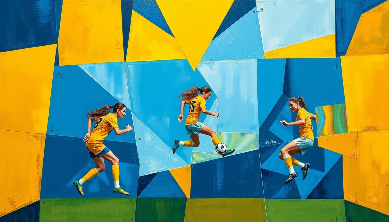 A vibrant, cubist-style painting depicting the dynamic action of a girls soccer match, with the players and field fragmented into overlapping geometric shapes in shades of blue and gold.