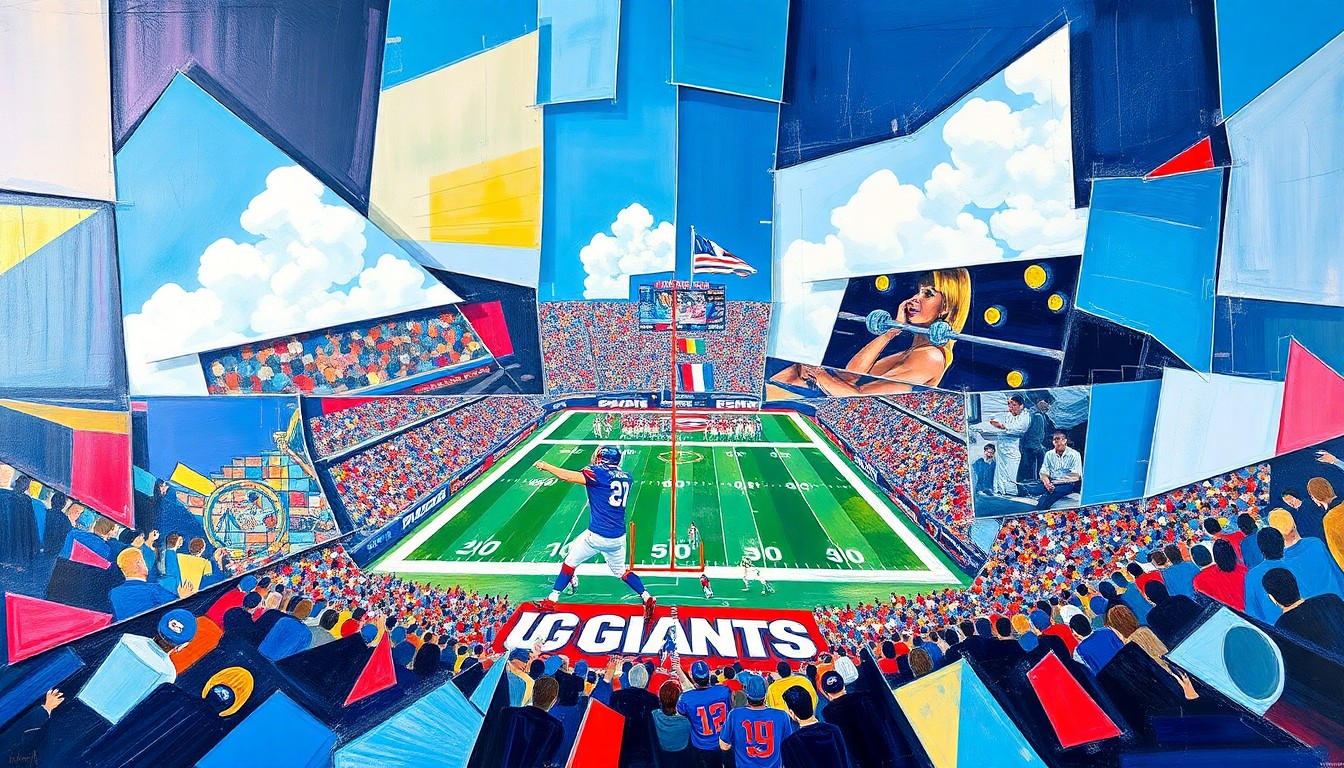A fragmented, geometric painting in bold colors depicting a football game, with players and the field broken down into sharp, overlapping shapes, conveying the conceptual idea of not recognizing famous athletes.