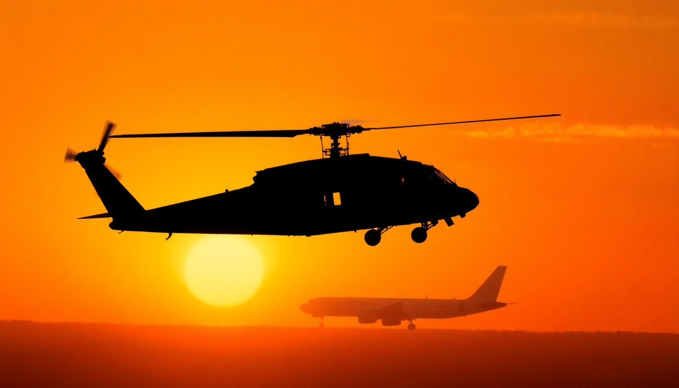 A cinematic painting in the style of Edward Hopper, depicting a solitary military helicopter silhouetted against a warm, golden sunset sky, with the faint outline of a commercial airliner in the distance, conveying a sense of quiet contemplation and the fragility of flight.