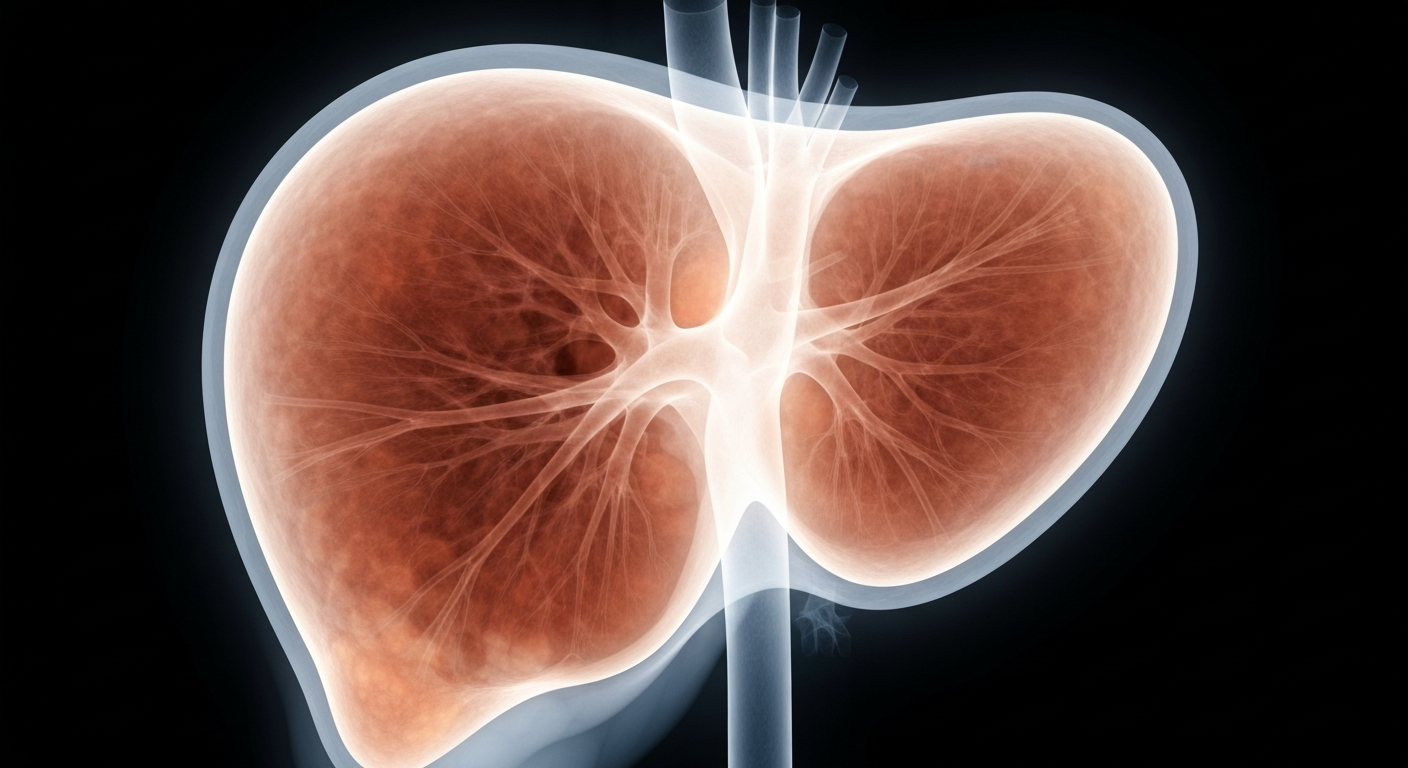 An extreme close-up X-ray photograph of an enlarged, discolored human liver, visually representing the metabolic dysfunction and fatty buildup associated with the rapid rise of MASLD.