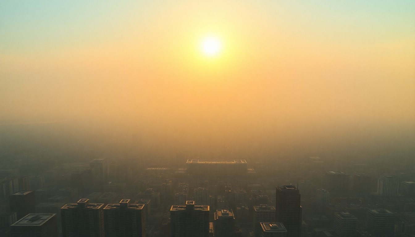 A vast, atmospheric landscape painting depicting a hazy, sun-drenched horizon over a sprawling cityscape, conveying the overwhelming scale and power of the natural world.