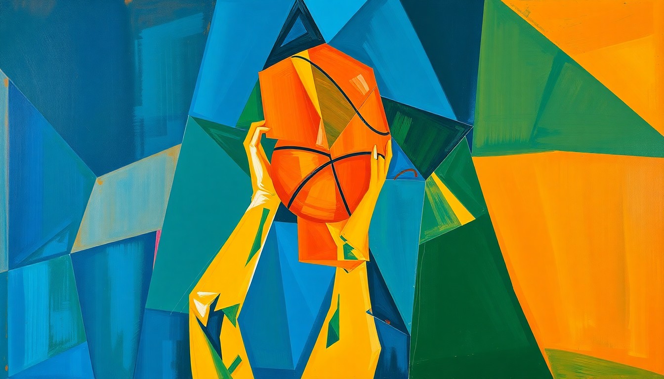 A fragmented, geometric painting depicting the fluid motion of a basketball free throw shot, with sharp planes of color and overlapping perspectives conveying the competitive energy of the event.