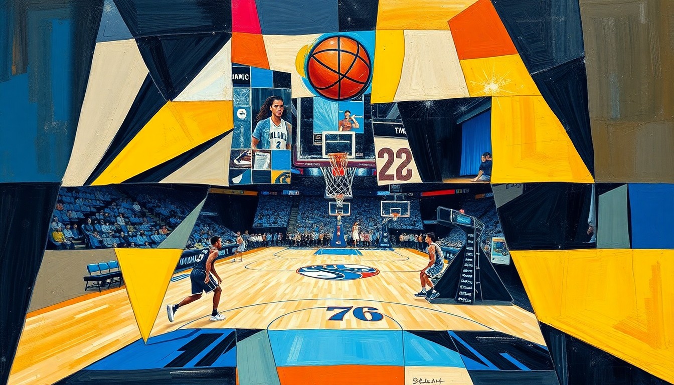 A cubist, geometric painting depicting a basketball game between the Orlando Magic and Philadelphia 76ers, with the players and court broken down into sharp, overlapping shapes and planes of color.