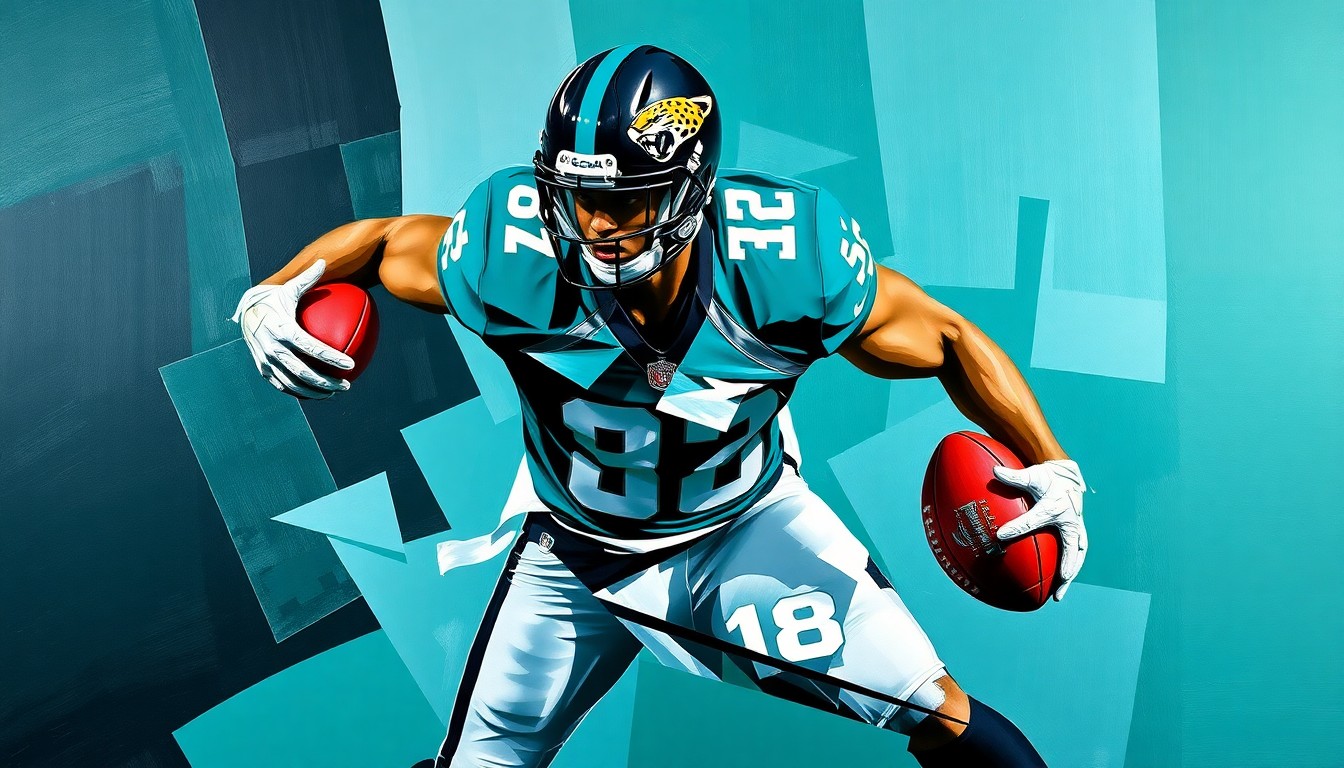 A fragmented, cubist-style painting depicting a football player in defensive coverage, with sharp geometric shapes in the Jaguars' team colors of teal, black, and white.