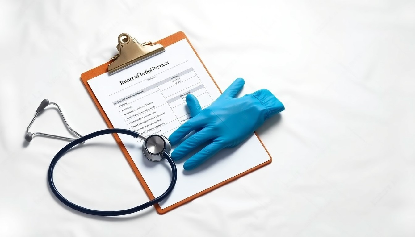 A photorealistic studio still life featuring a stethoscope, medical clipboard, and latex gloves arranged on a clean white background, conceptually representing the return of healthcare services to the community.