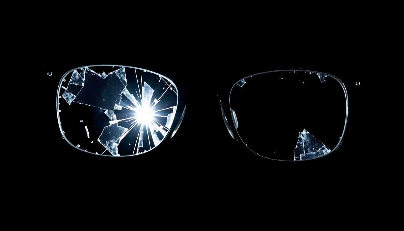 An extreme close-up photograph of a pair of broken eyeglasses, the lenses shattered and reflecting a harsh camera flash, conceptually representing the violence and tragedy of the recent attacks in Atlanta.