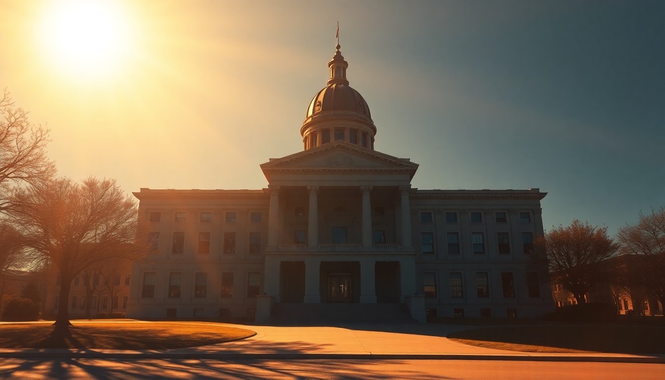 A quiet, cinematic painting of the Massachusetts State House building in Boston, bathed in warm, diagonal sunlight and deep shadows, conveying a sense of political power and civic duty.