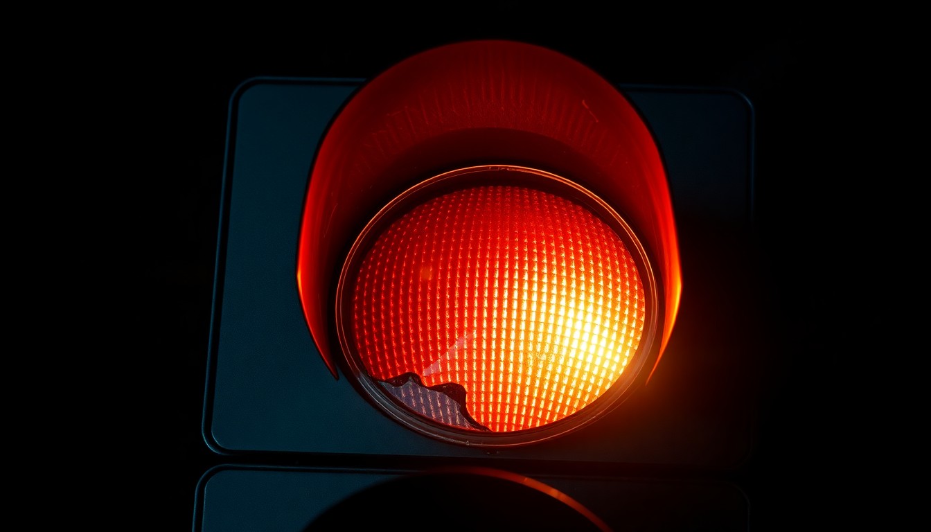 An extreme close-up photograph of a damaged traffic signal light reflecting a harsh, direct camera flash, conceptually illustrating the poor visibility that has contributed to crashes on highways in the Salem area.