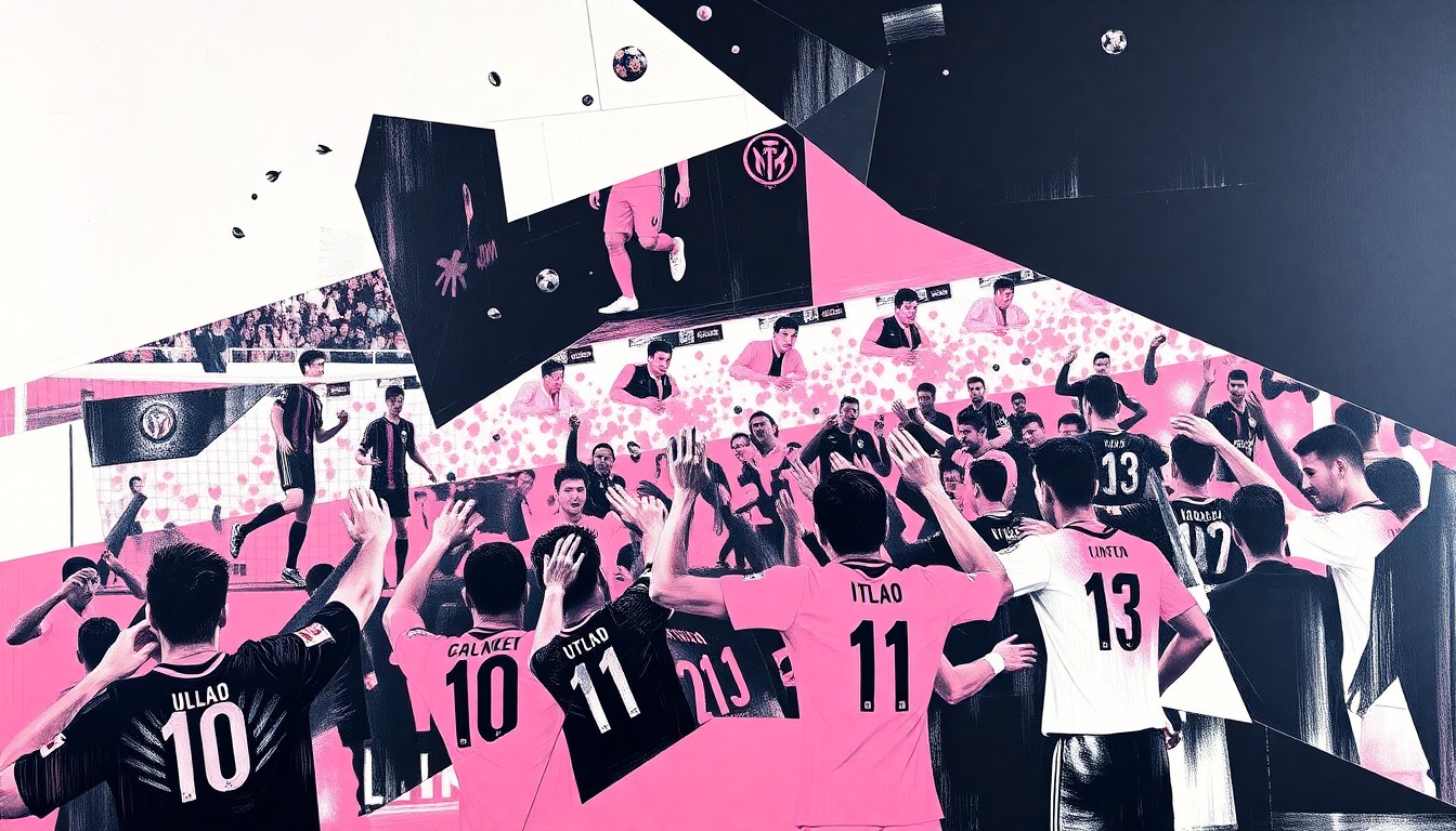 A cubist, geometric painting depicting fragmented scenes of a soccer match or celebration, with overlapping planes of pink, black, and white shapes representing the energy and movement of the sport.