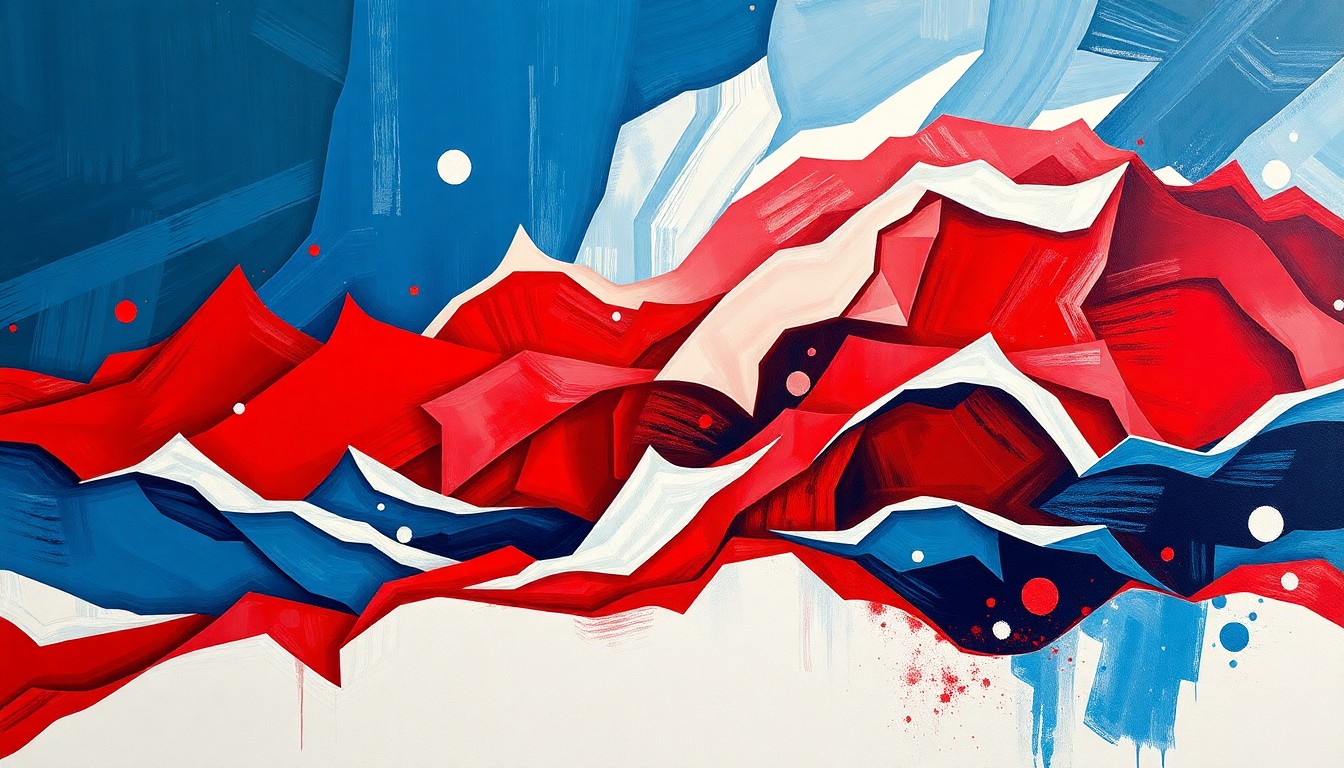 A vibrant, abstract painting with overlapping, geometric shapes in red, white, and blue, conveying the fractured and dynamic nature of the political debate over defense spending.