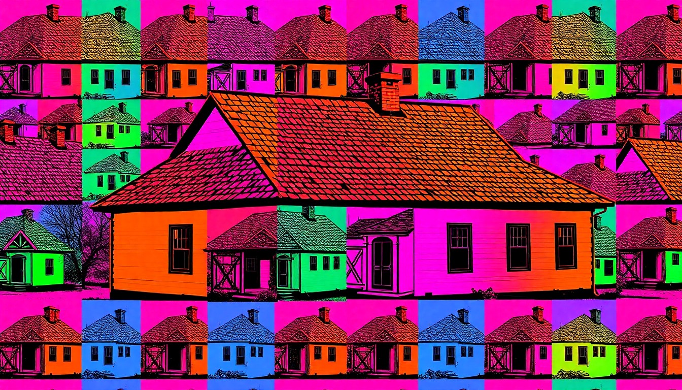 A grid of brightly colored, high-contrast silkscreen images of a historic farmhouse with a shake shingle roof, rendered in a bold, abstract pop art style using flat, unnatural neon colors and heavy black outlines, conceptually representing the enduring legacy of this iconic rural architecture.