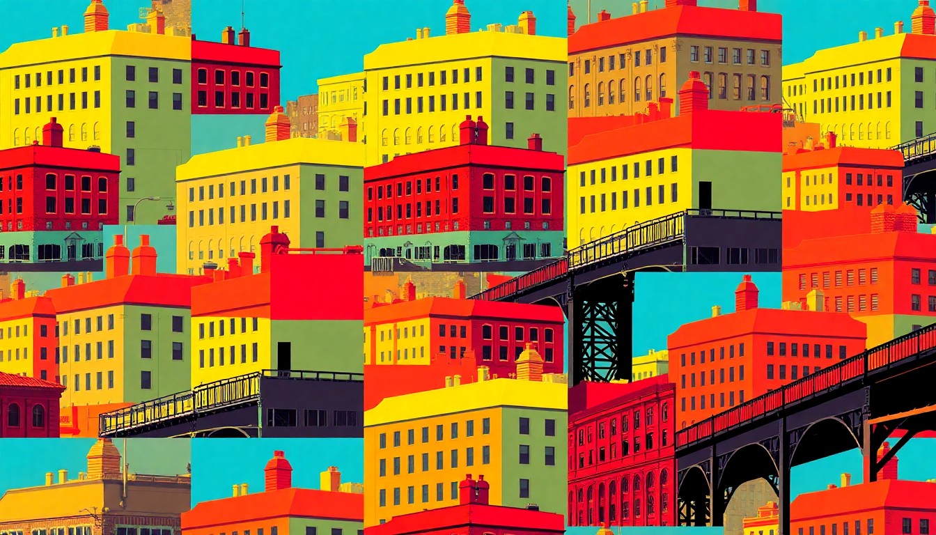 A high-contrast silkscreen print in vibrant neon colors depicting an iconic Youngstown landmark repeated in a grid pattern, conceptually representing the city's public art initiative.