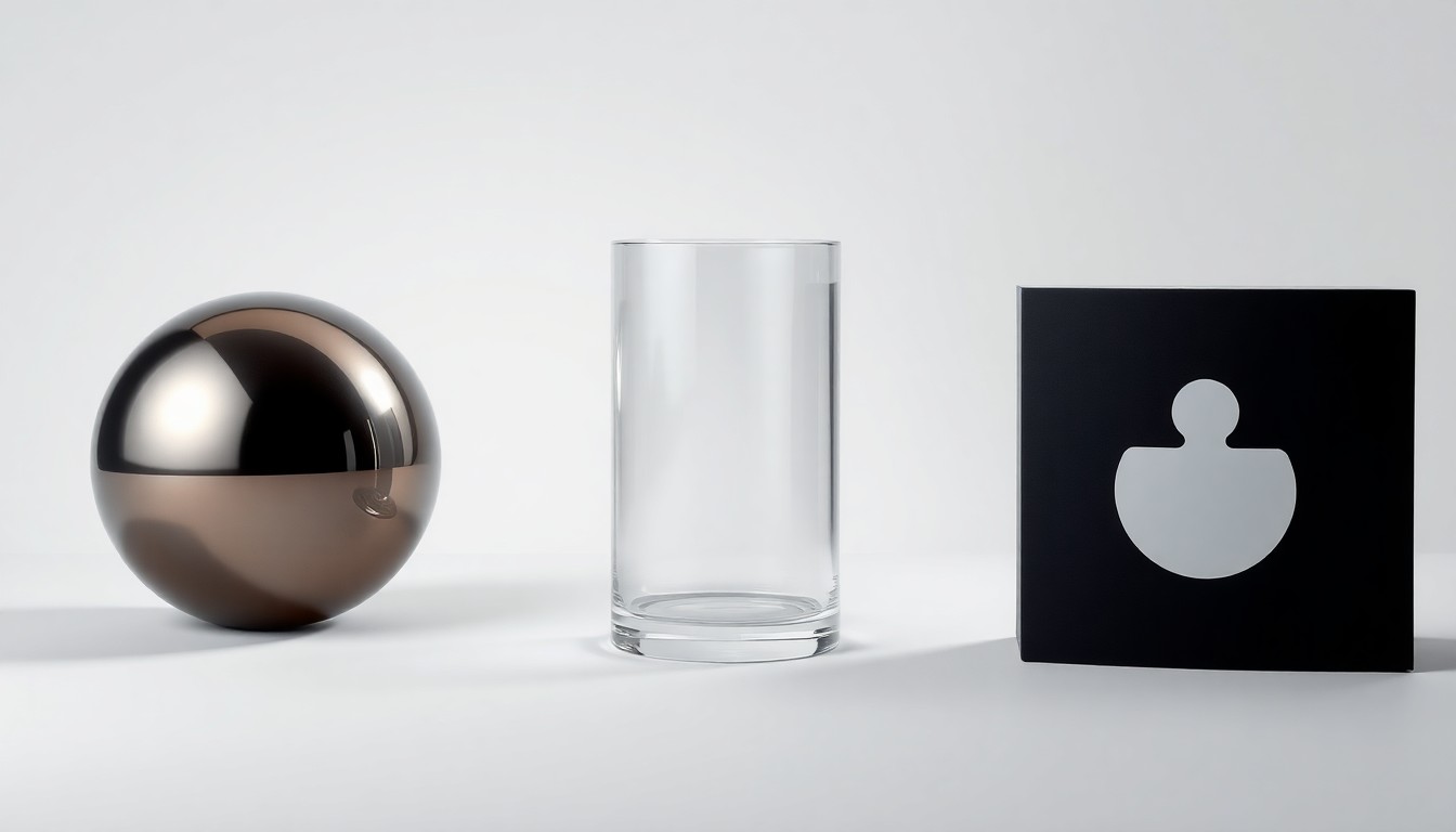 A high-end, photorealistic studio still-life photograph featuring a polished metal sphere, a smooth glass cylinder, and a sleek black cube arranged elegantly on a clean, monochromatic background, conveying a sense of innovation, technology, and humanitarian aid.