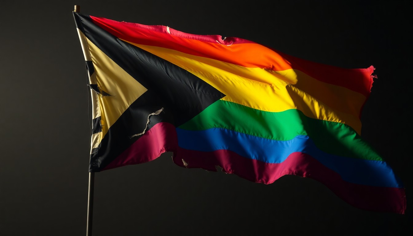 An extreme close-up of a faded, tattered rainbow flag captured in dramatic, high-contrast studio lighting, conveying a sense of resilience and legacy in the face of adversity.