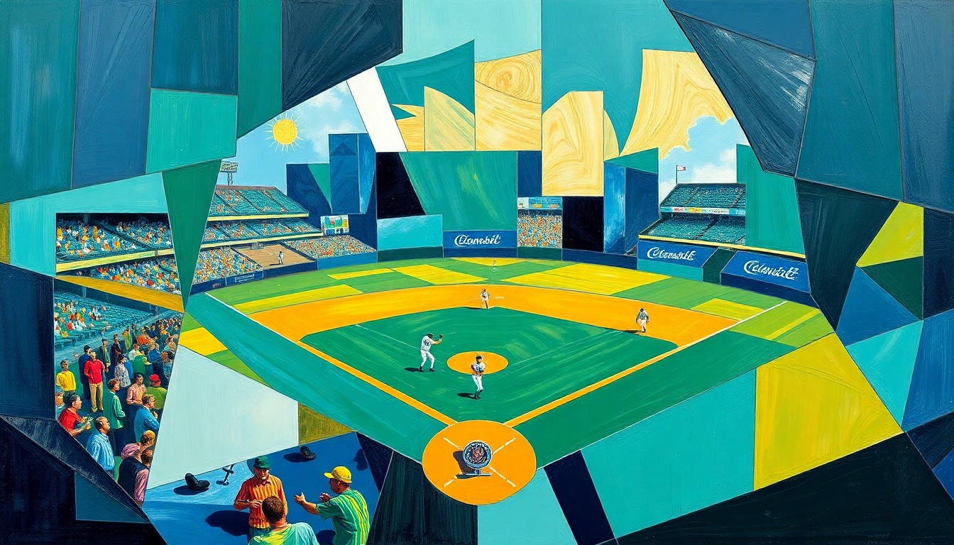 A cubist, geometric painting depicting a softball game broken down into sharp, overlapping planes of navy, emerald, and gold, capturing the dynamic energy of the sport.