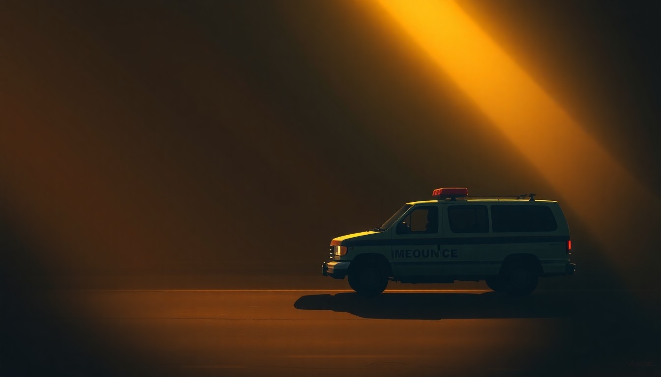 A photorealistic painting in the style of Edward Hopper, depicting a lone immigration enforcement vehicle parked on a deserted urban street, with warm sunlight casting deep shadows across the scene, creating a sense of solitude and unease.